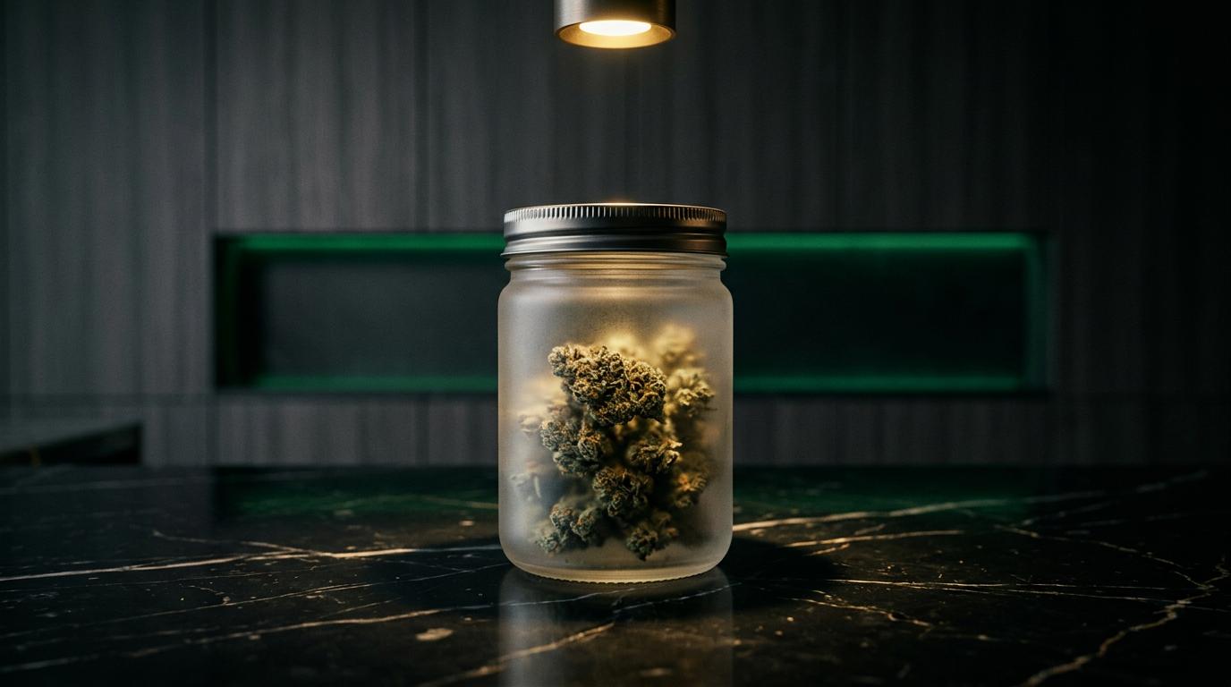 Premium cannabinoid in frosted glass jar under golden spotlight